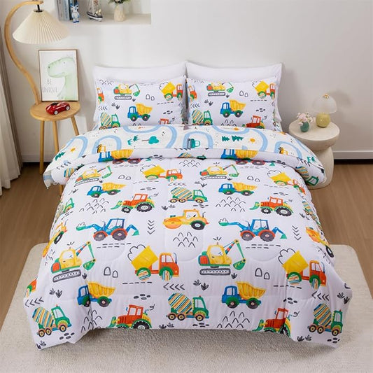 NTBED 5 Pieces Construction Truck Full Comforter Set for Boys Kids Colorful Painting Vehicles Excavator Lightweight Microfiber Bedding Sets