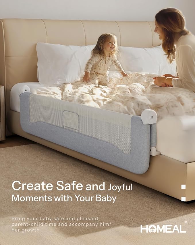 HOMEAL Bed Rail for Toddlers,32" x 26" Grey, Foldable Tall Baby Bed Rail Guard for Easy Use and Storage, U-Shaped Base Width Increased by 4", Suitable for Twin, Full, Queen, King Size Bed
