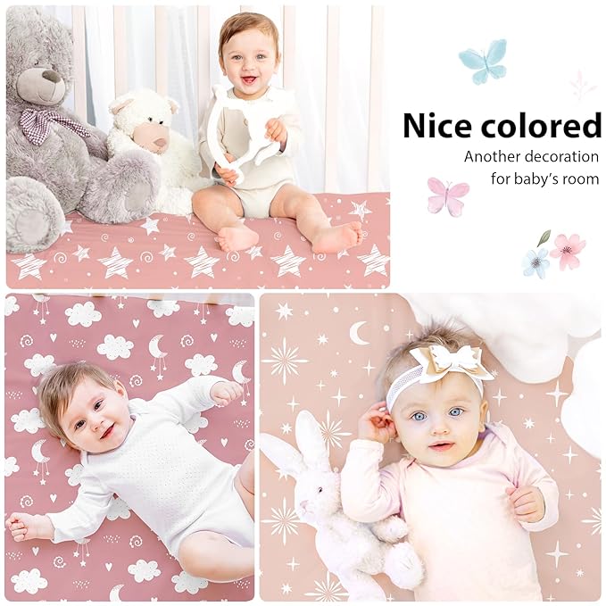 Baby Mini Crib Sheets Girl, Portable 38”x26” Pack and Play Sheets Fitted for Playard and Pack N Play Mattress, 3-Pack Soft Microfiber Pink Stars