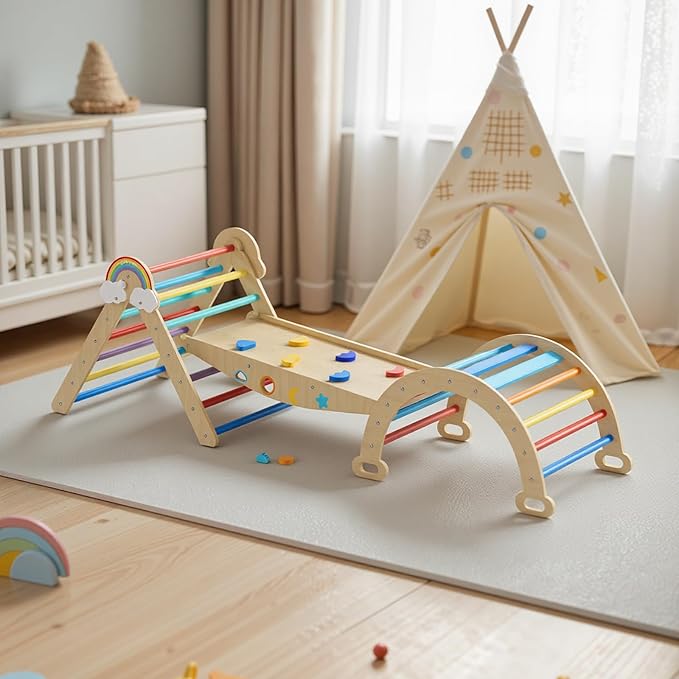 Pikler Triangle Set, 10in1 Toddler Climbing Toys Indoor, Montessori Kids' Indoor Climbers & Play Structures with Arch&Ramp&Ladder, Indoor Baby Climber for Montessori Toys