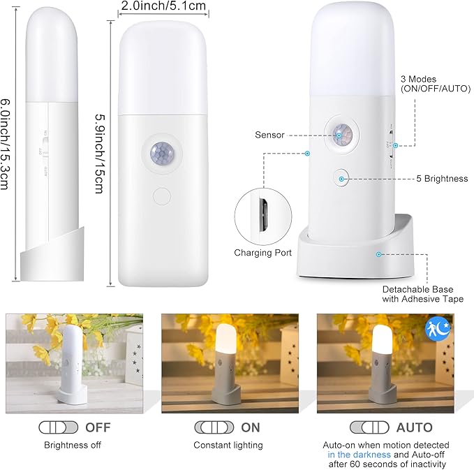 CREWEEL Motion Sensor Night Lights Indoor, Rechargeable Night Light Battery Powered, Portable Nightlight with Adjustable Brightness Activated Table Lamp for Kids, Adults(Cool White, 4Pack)
