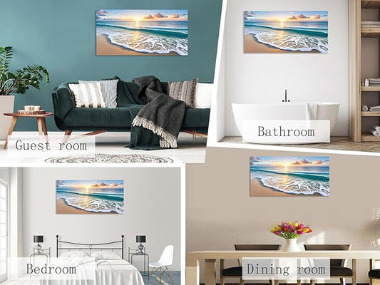 KUNHAAH Wall Art Canvas Painting Sunset Waves on The Beach 1 Piece Colorful Sky and Sparkling Clouds on The Sea Surface Picture Poster Print Framed Ready to Hang for Living Room Bedroom 71x36inch