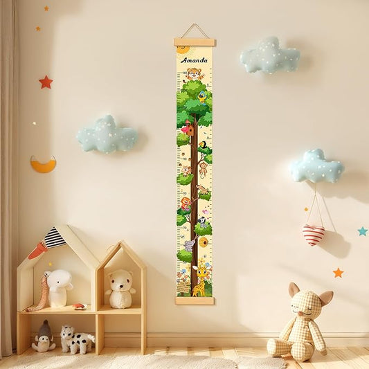 Woodemon Personalized Name Growth Chart for Wall, Painted Tree Animals Canvas Height Chart for Kids Baby Child Toddler, Canvas Growth Chart for Wall Nursery Decor, Hangable & Waterproof
