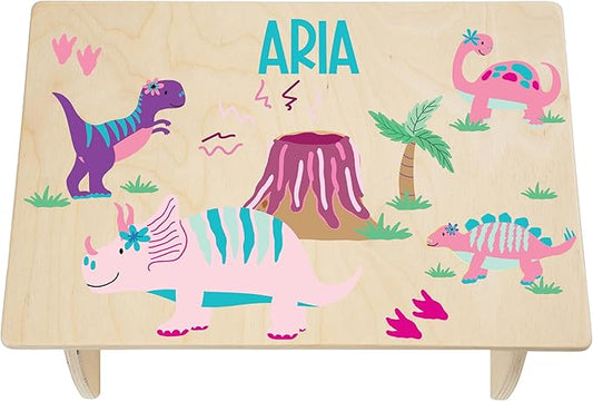 Dinosaur Step Stool for Toddler Girl - Personalized Wood Kids Step Stool with Name for Kitchen Sink, Bathroom, Potty Training, Toilet, Kitchen Sink- Made in USA by BloomOwl (Dinosaur- Girl)