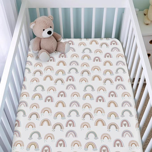 Boho Rainbows Hearts Baby Crib Sheets Boy Girl 52"x28" Colorful Rainbow Cloud Star Soft Breathable Crib Mattress Cover Rainbow Lovers Gift Fitted Baby Sheet for Standard Crib and Toddler Bed Mattress