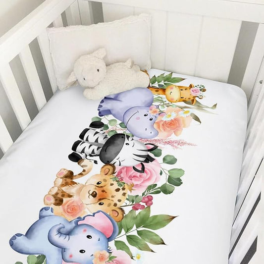 Baby Jungle Safari Animals Tropical Leaves Flowers Baby Crib Sheet 52''x28'' Fitted Crib Mattress Cover for Boy Girl Nursery Toddler Bed Sheet Fits Standard Crib and Toddler Mattresses Floral