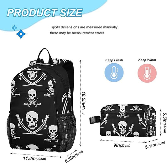 Jucciaco Pirate Skull Backpack with Lunch Bag, School Travel Backpack for Boys Girls Kids Backpacks Set
