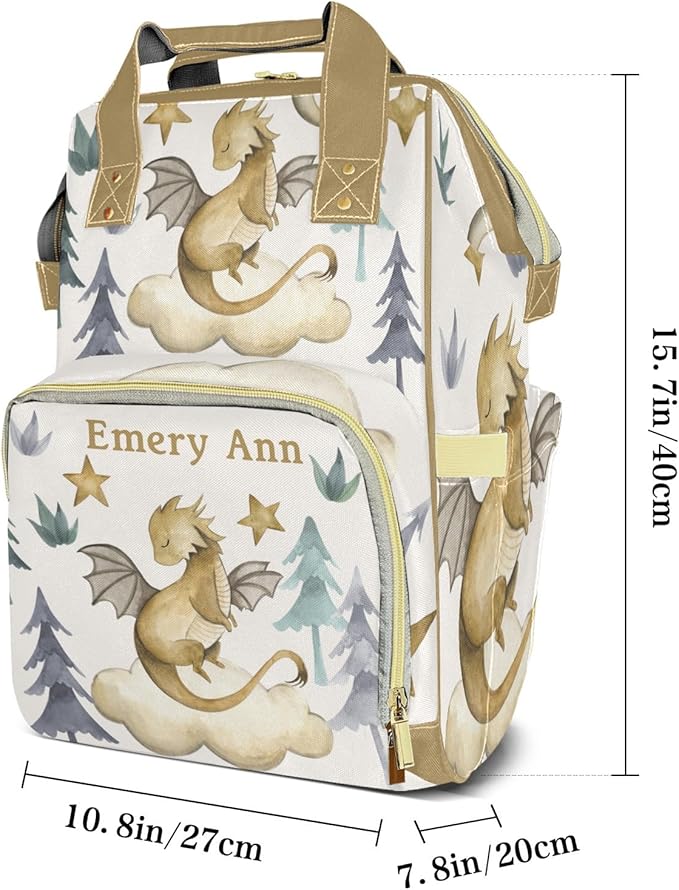 Personalized Cute Dragon Watercolor Custom with Name Diaper Bag Backpack For Baby Boy Girl Dad Mom Unisex for Adult Daypack Holiday Gift