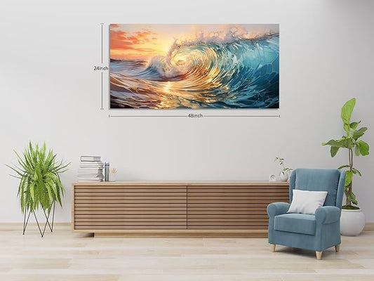 KUNHAAH Wall Art Canvas Painting Big Waves in The Sea 1 Piece Ocean Sunset Huge Waves Nature Picture Poster Print Framed and Stretched Ready to Hang for Living Room Bedroom Artework