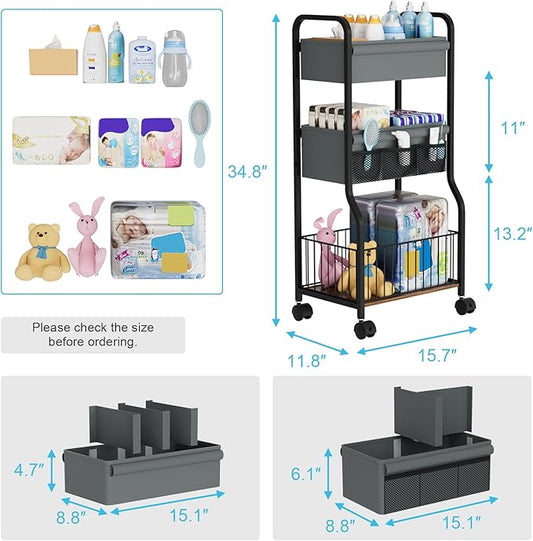 NEYCIL 3-tier Baby Diaper Caddy Organizer and Storage Cart with 4+3 Dividers, Metal Utility Cart with Lockable Wheels for Nursery, Bedroom, Bathroom, Black