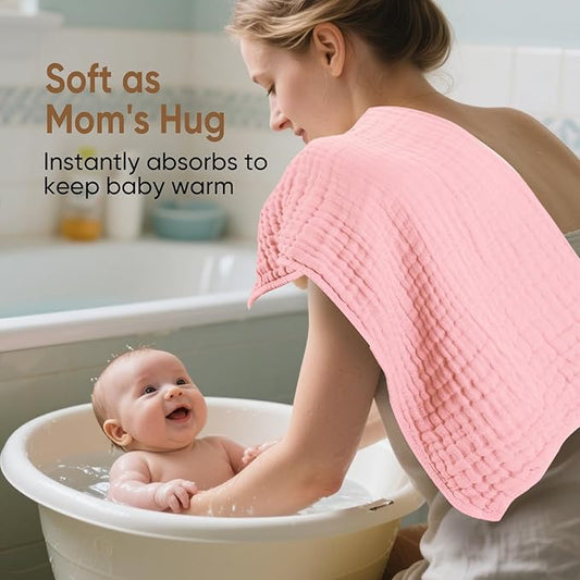 Muslin Hooded Baby Towels 100% Cotton ,Super Soft Muslin Baby Bath Towel - 32 x 32 Inches, Suitable for Newborn and Young Children up to 3 Years Old. (Light Pink & Dark Pink)