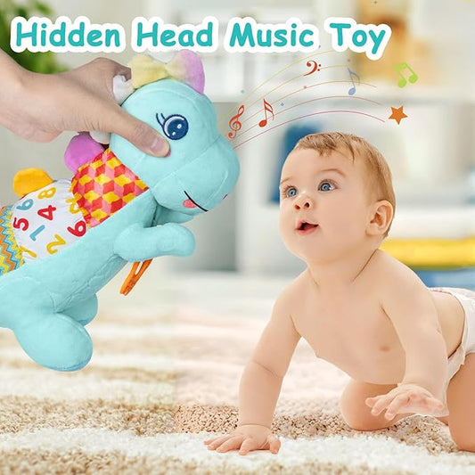 Baby Dino Plush Soft Stuffed Animal Toy for 0-3-6-12+ Months,Infant Musical Toy with Rattle,Squeaker,Sensory Crinkle,Teether & Textures,Tummy Time Toys Christmas Baby Gift for Newborn Girl Boy (Blue)