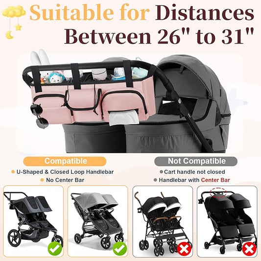 Double Stroller Organizer Compatible with Bob Duallie and Baby Jogger City Mini GT2, Double Baby Stroller Accessories with Cooler Bag, Parent Console Double Jogging Stroller Caddy, Pink