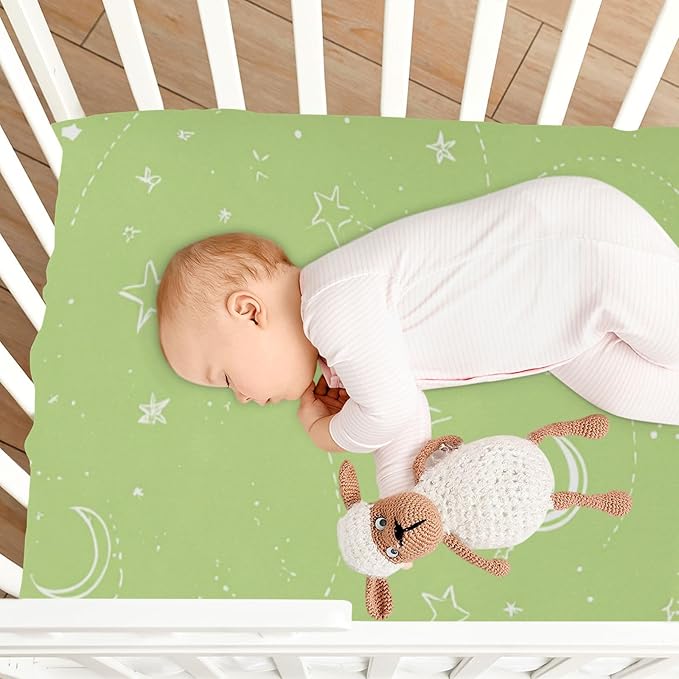 Bright Green Moons and Stars Crib Sheets Standard Crib Toddler Mattresses Cover Fitted Baby Bed Sheet Breathable Crib Mattress Sheet for Girls Boys 52" x 28"x5''