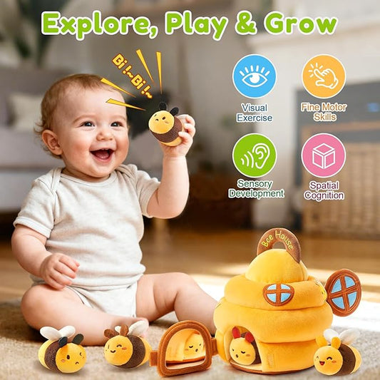 Baby Toys 6-12 Months - Soft Beehive Infant Toy with 5 Sensory Bees, Rattle, Crinkle, Squeaker, Mirror & Music, Montessori Toys for Babies 3 6 9 12 18 Months, Baby Boys Girls Christmas Birthday Gifts