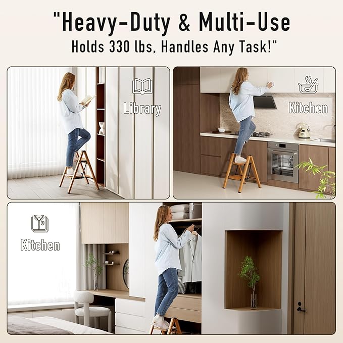 Mayi Plus 2 Step Ladder,Aluminum Folding Step Stool for Adults,Step Ladder with Wide Anti-Slip Pedal,330 lbs Capacity for Home,Office,Kitchen,Library(Woodgrain)