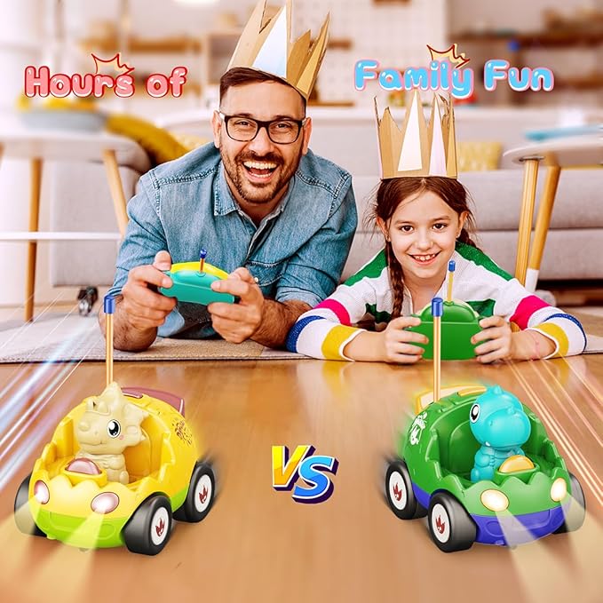 2 Pack Dinosaur Remote Control Cars for Toddlers 2 3 4 5 Years Old - Birthday Gift Ideas for Boys Ages 2-5, Kids Dino Toys RC Vehicle with Lights and Music for Family Fun(Yellow Green)