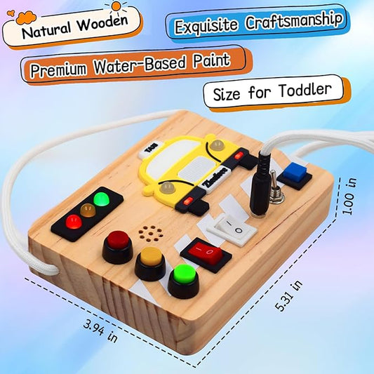 Montessori Busy Board Wooden Sensory Toys with LED Light Up Switch Travel Toys for 1+ Year Old Toddler Baby Boys Girls Gifts (Taxi Theme)