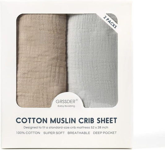 GRSSDER Soft Muslin Crib Sheet 2 Pack, 100% Cotton Crib Sheets for Boys and Girls, Fit Standard Crib Mattresses 52" x 28" Safe and Snug, Light Gray/Taupe