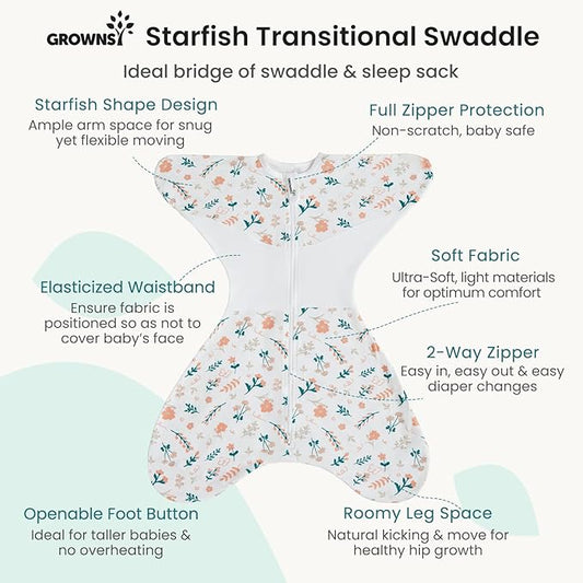 GROWNSY Transitional Swaddle Sleep Sack 6-12 Months,Starfish Design Baby Swaddle Sack, Dual-Zipper for Easy Diaper Changes, Proper Hip Development & Openable Foot Button, 19-27 lbs, Spring Garden