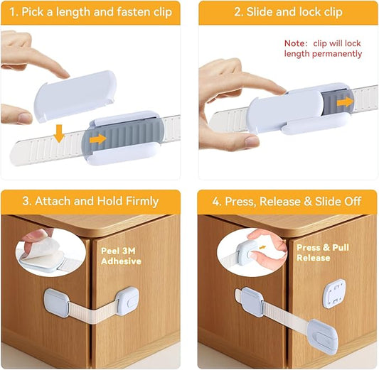 10-Pack Child Safety Cabinet Locks,Adjustable No Drilling Baby Proofing Strap Latches for Drawers,Cupboard,Cabinets,Fridge,Toilet Seat,Door,Closet–No Tool Easy 3M Adhesive Installation