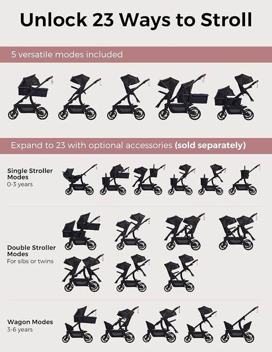 Momcozy ChangeGo Baby Stroller, Convertible Single-to-Double-to-Wagon Stroller with 23 Configurations, Bassinet, Seat Included, Large PU Wheels, All-Wheel Suspension & Extendable UPF50+ Canopy