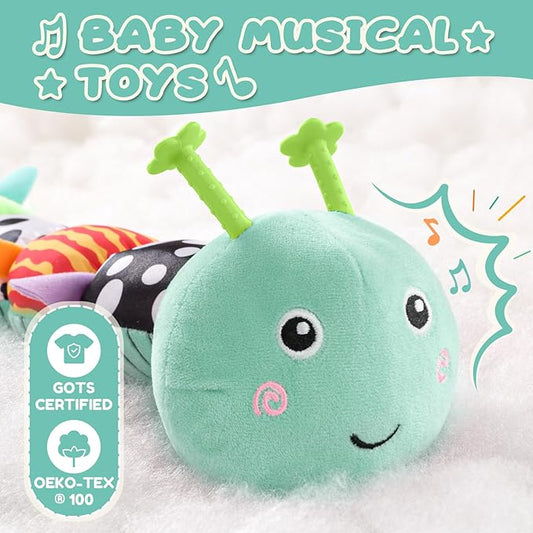 Baby Toys 0-6-12 Months,Musical Caterpillar Stuffed Animals Activity Infant Toys with Crinkle,Rattles,Mirror&Pull String,Muti-Sensory Toys Gifts for Newborn Tummy Time,Mint Blue|Leafy