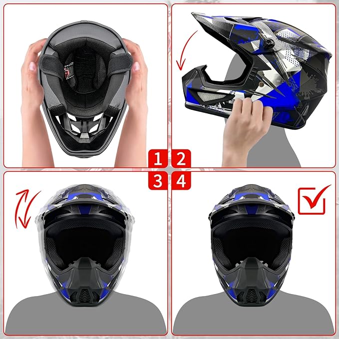 Youth Kids Motocross Helmet, Adult ATV Dirt Bike Helmet with Goggles Gloves & Mask Quick, Full Face Motorcycle Helmet with Quick Release Buckle DOT Certified