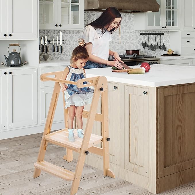 Gewitt Foldable Toddler Tower - Kitchen Step Stool Helper for Kids 1-6 Years, Montessori Toddler Standing Tower with 3 Adjustable Height for Kitchen Counter Bathroom