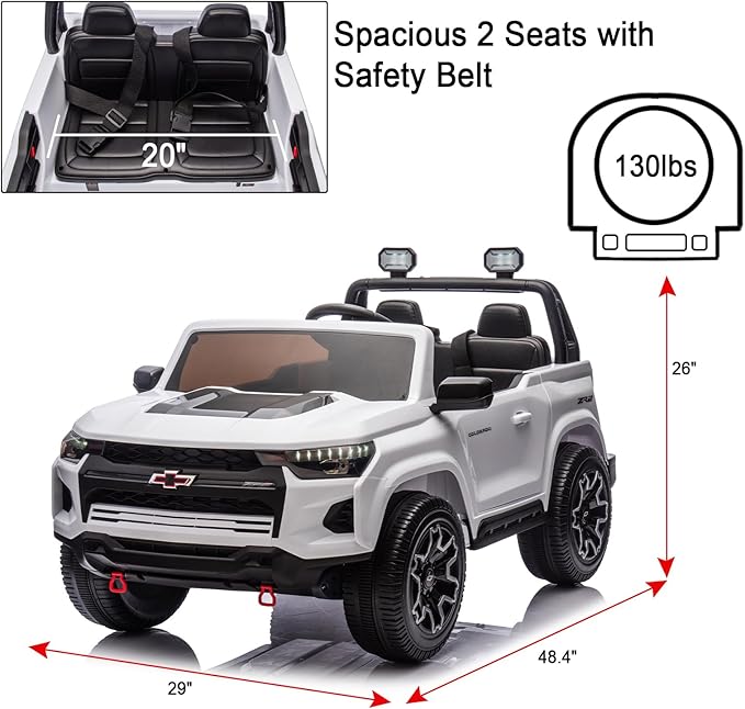 POSTACK Kids 24V 7Ah Kids Ride On Toy Car Chevrolet Official License 2 Seats Ride On Truck with Remote Control, LED Lights and Bluetooth Music Play Children Gifts for Girls and Boys Toy White