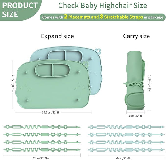 Baby Placemats for Weaning Babies - 2 Silicone Toddler Placemat with 4 Strong Suction Cups & 8 Stretchable Straps | BPA-Free Baby Table Mat for Restaurants, Dining Table & Toddler Mealtime