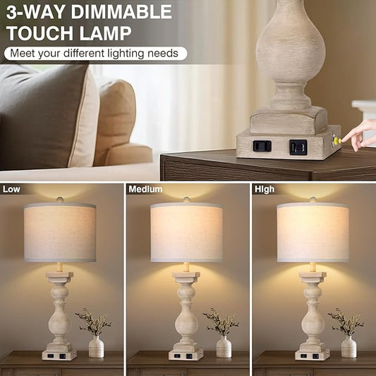 MOUVOVO 28" Tall Farmhouse Table Lamps Set of 2 with USB C+A Ports and AC Outlet, 3 Way Touch Tall Rustic Bedside Lamps for Living Room, Beige Vintage Lamps for Bedroom