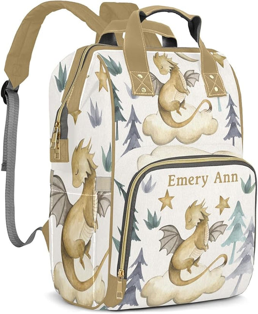 Personalized Cute Dragon Watercolor Custom with Name Diaper Bag Backpack For Baby Boy Girl Dad Mom Unisex for Adult Daypack Holiday Gift