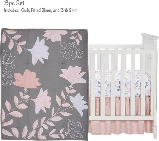 Lambs & Ivy Petals Gray/Pink Sateen Cotton Floral 3-Piece Baby Crib Bedding Set
