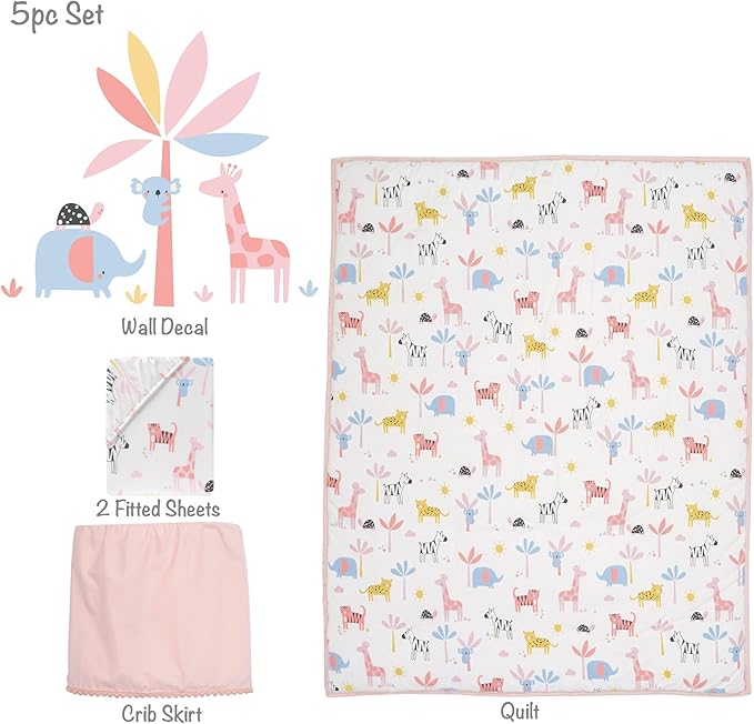 Lambs & Ivy Snuggle Jungle Pastel Safari Cotton Jersey 5-Piece Crib Bedding Set