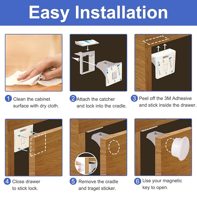 Magnetic Cabinet Locks Baby Proofing - 20 Locks & 3 Keys, No Drill Adhesive Safety Latches for Cabinets & Drawers, Child Proof Lock for Kitchen, Strong Magnet Key to Open, Easy Installation