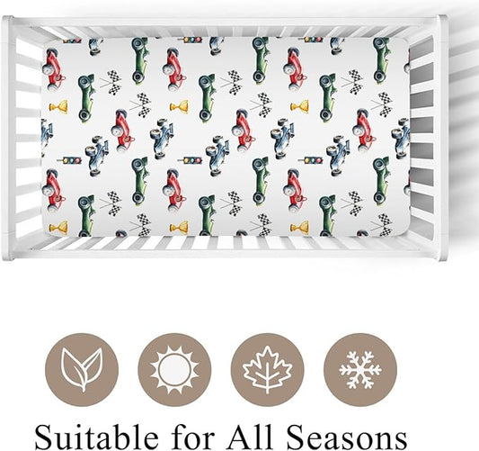 Cute Race Trophy Flag Traffic Light Baby Crib Sheet for Boys & Girls 28x52 Inch Transportation Vehicles Bed Sheet for Standard Crib and Toddler Mattress Crib Sheets Flag One Size