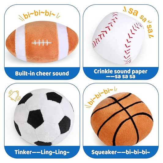 KMUYSL Baby Toys 0-12 Months, My First Sports Bag Plush Toy - 4 Sensory Balls Soft Toys with Crinkle, Rattles for 0-3-6-9-12 Month Newborn Infant, 1st Birthday for Babies Boys Girls Age 1