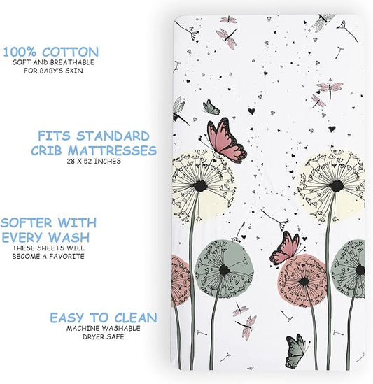 JumpOff Jo - Fitted Crib Sheet, Super Soft Breathable 100% Cotton Baby Crib Sheet for Standard Crib Mattresses and Toddler Beds, 28 in. x 52 in. - Dandelion Dreams