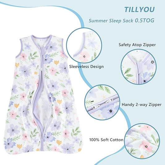 TILLYOU 2 Pack Infant Sleep Sack 0-6 Months 100% Cotton Wearable Blanket 0.5 TOG Sleeveless Summer Sleep Sacks with 2-Way Zipper, Brilliant Little Flowers and Purple