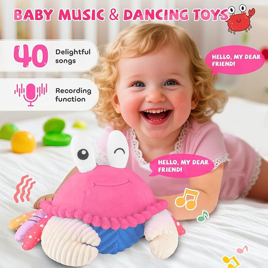 Pink Crawling Crab Baby Toy - Rechargeable Musical Plush Toys with 40 Songs & Voice Recorder, Sensory Toy for Infant Tummy Time, Soft Toy for 12-18 Months Girl, Gift for Toddlers 1-3