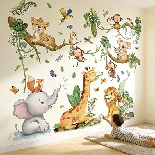 Baby Animal Wall Decals for Nursery: Jungle Safari Theme Kids Room Decor with Peel and Stick Removable Vinyl Wall Stickers for Kids Ages 0-12 Years