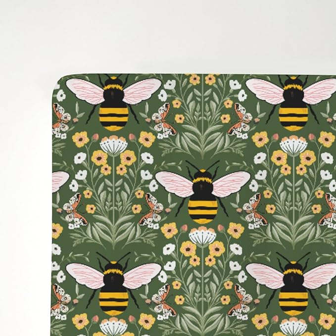Bee Honey Garden Green Baby Crib Sheets for Boy Girl 52"x28" Boho Floral Bees Honey Butterflies Soft Snug Fitted Crib Mattress Covers Spring Summer Baby Sheet for Standard Crib & Toddler Bed Mattress