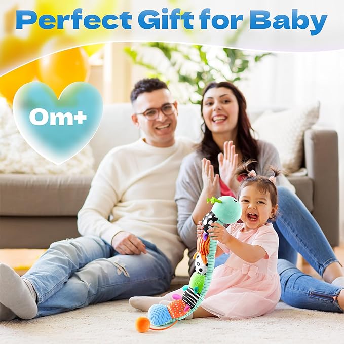 HEMRLY Baby Sensory Toy 0-6 Months, Musical Stuffed Caterpillar Plush with Teether, Crinkle, Rattle, Baby Mirror for Tummy Time, Infant Car Seat Toy for 0-3-6-12 Month Boys Girls Gifts - Leaf Blue