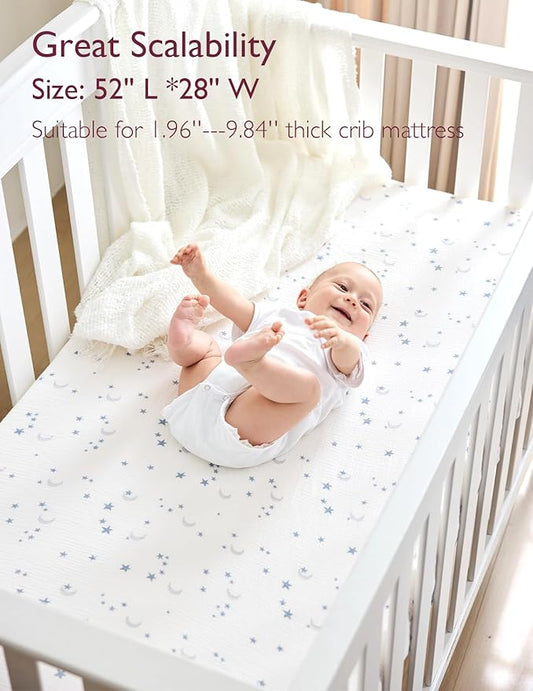 Momcozy Muslin Standard Fitted Crib Sheets, 52"x28", 2 Pack Soft Breathable Natural Cotton Baby Mattress Sheet, 360° Mattress Wrapping No Slip Boys Girls Neutral Toddler Bed Sheet, Blue Star Moon