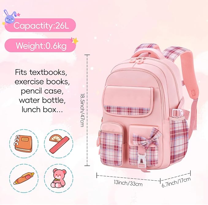 Aulenge Kids Backpack for Girls Cute Teen School Backpack Ages 8-12 with Pencil Case Set Kawaii Stitch Pink School Bookbags with Multiple Pockets for Primary & Middle School Students