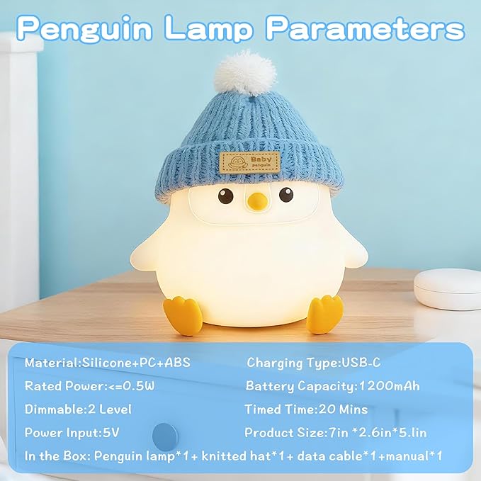 Penguin Lamp with Knit Hat,Cute Penguin Night Light,Safe Soft Silicone,Dimmable Nursery Nightlight, Squishy Animal Lamp,Room Decor,White Elephant Gifts for Kids /Boys Girls Baby,Valentine's Day Gift