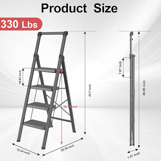4 Step Ladder, DIAMONDFORGE Folding Step Stool with Wide Anti-Slip Pedal, Anti-Slip Feet and Handgrip, Sturdiest Steel Construction, Steel Ladder for Home, Black
