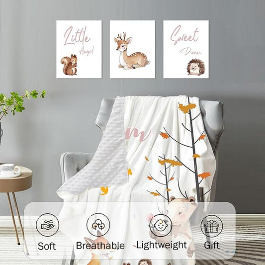 Personalized Baby Crib Bedding Set for Baby Girls, Fox Sika Deer Pattern Custom Name Baby Crib Sets 5-Pcs, Toddler Double Layer Blanket Fitted Sheets Changing Pad Cover Rug Wall Art Set