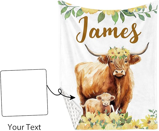 Custom Name Crib Bedding Set 3-Piece – Yellow Flower Highland Cow Design Baby Bedding Set with Personalized Soft Blanket, Fitted Sheet, Changing Pad Cover – Ideal Newborn Gift for Boys and Girls